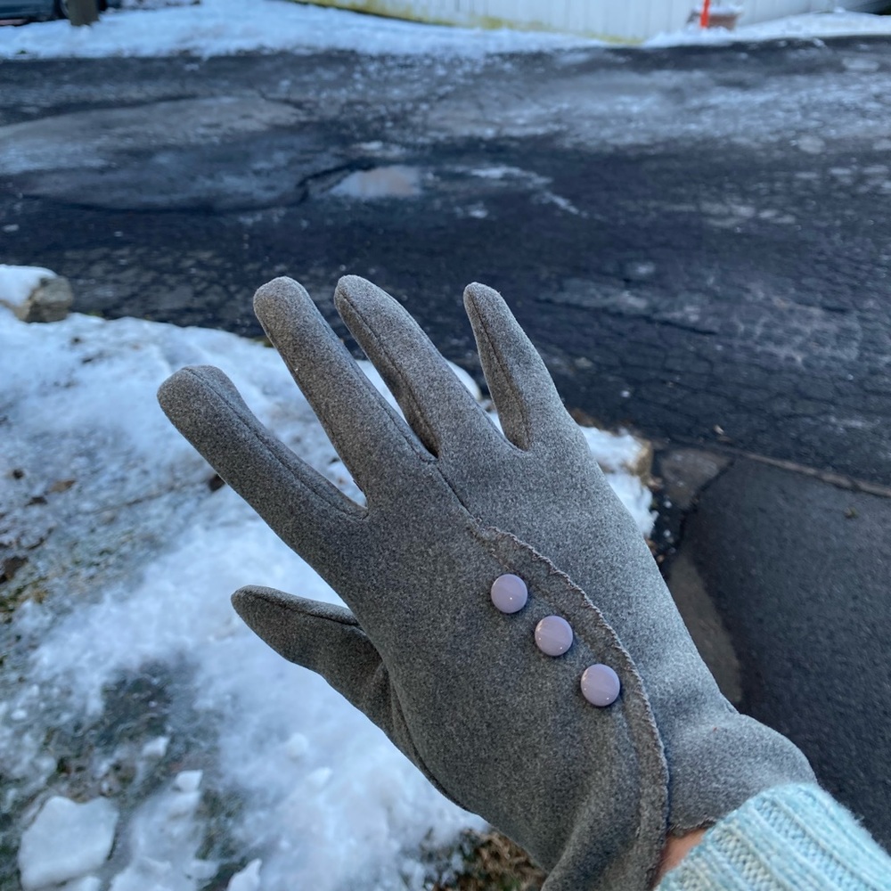 Grey winter hand gloves. Texting gloves